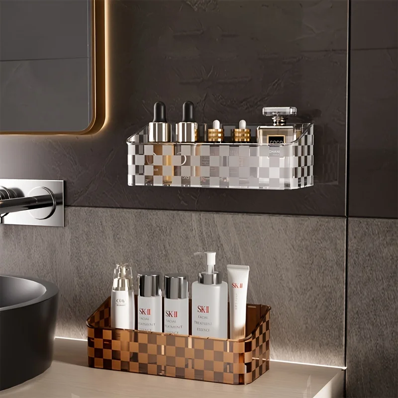 Luxury Checkered Design Plastic  Rack, Wall-Mounted Bathroom Organizer, Non-Punch Hanging Basket For Washbasin, Restroom Wall De