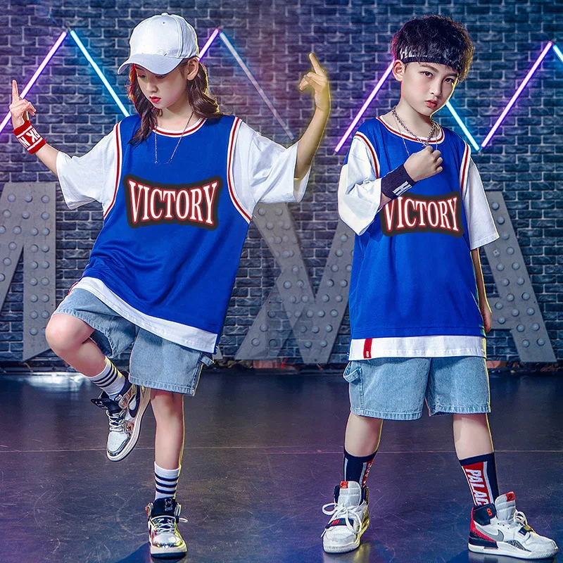 Kids Fashion Denim T Shirt Shorts Jean Street Dance Wear Dancewear Dancing Clothes Ballroom Jazz Hip Hop Costumes for Girls Boys