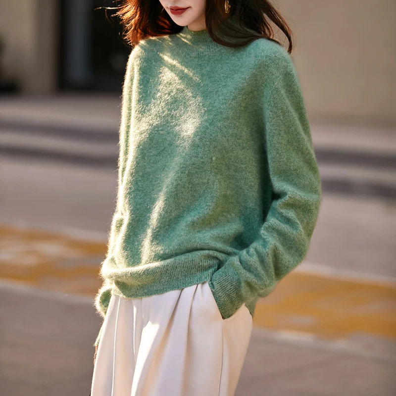 

2025 Autumn/Winter new women's pullover, 100% wool, Morandi color scheme, half turtleneck, brushed, skin-friendly and warm