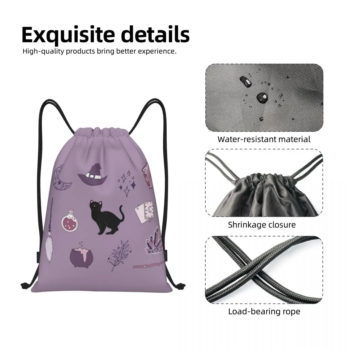 Mochila de cordão para homens e mulheres Pacote de bruxa roxa Saco de ginástica esportiva Halloween Spooky Cat Training Sackpack