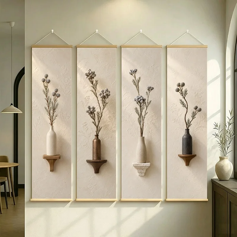 Dried Floral Wall Art 4-Panel Gray Stem Vase Hanging Scroll Set on Cream Silver Shimmer Canvas for Sophisticated Office Decor