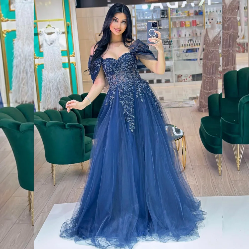 

Customized Sparkle Fashion Organza Sequined Pleat A-line Off-the-shoulder Long Dresses Bespoke Occasion Retro