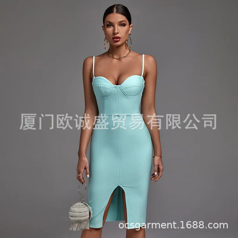 in Stock Women's Sling Tube Top High Waist Slim Front Slit Sheath Backless Bandage One-Piece Dress