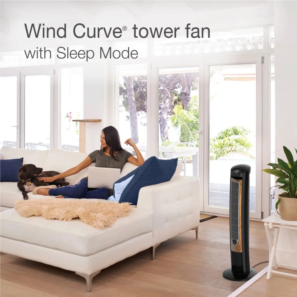 Lasko 42" Wind Curve Tower Fan with Sleep Mode and Remote Control, T42050, Black/Brown