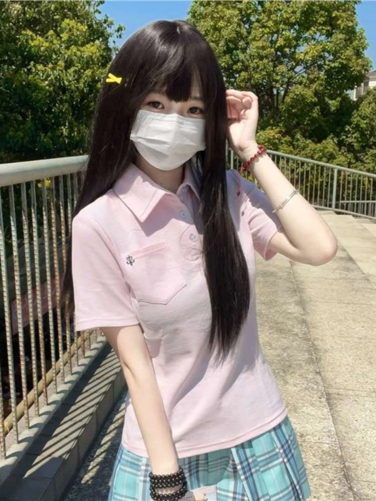 2026 Japanese Embroidery Pocket Casual T-shirt Y2k Aesthetic Turn Down Collar Button Tshirts Harajuku Women Slim Fit Grunge Tops