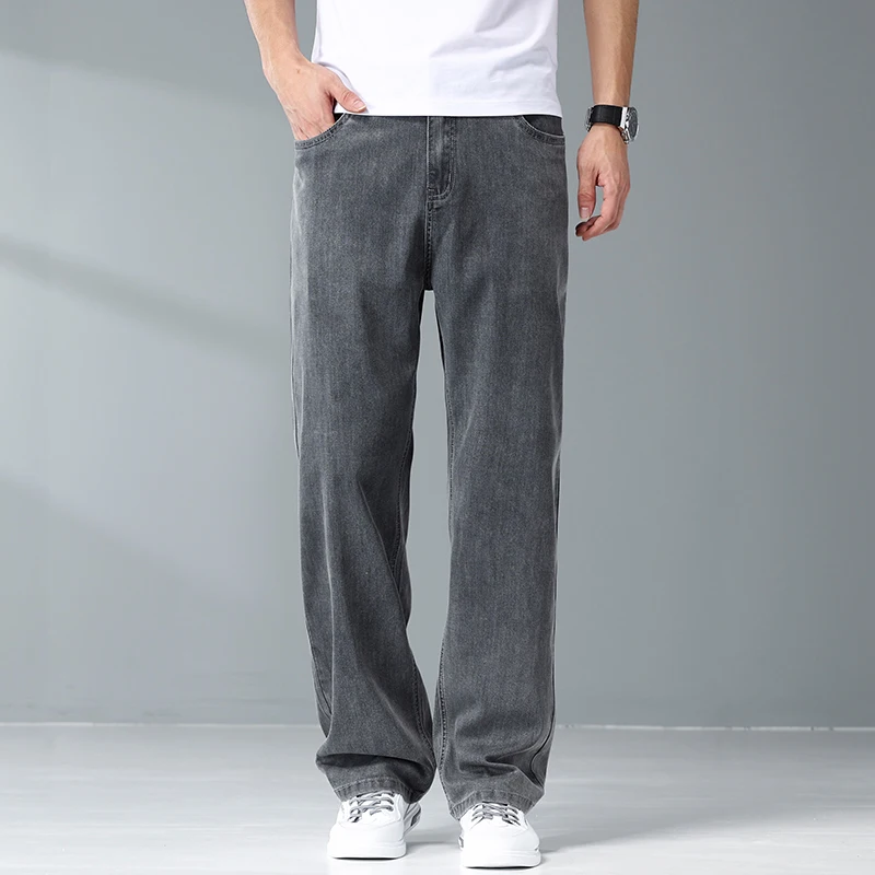 

Light ey Men's Jeans Ultra-Thin Summer Casual Loose Straight Leg Long Pants Busin Casual Sle Mid-High Waist