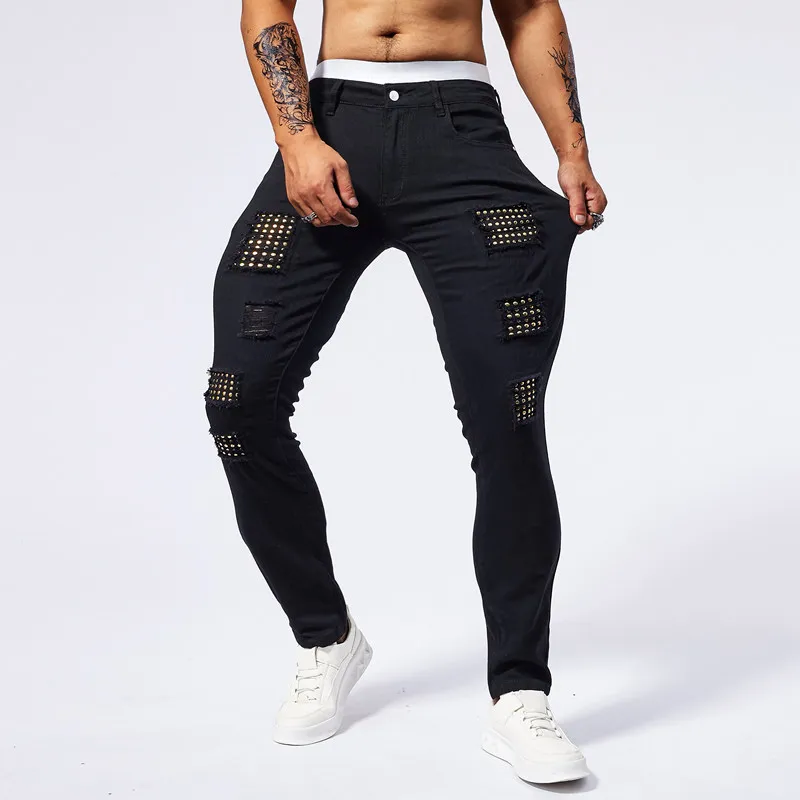 2024 New Summer Muscle Jeans, Men's Elastic Slim Fit, Perforated Patch, Street Fashion, Black Tight Pants