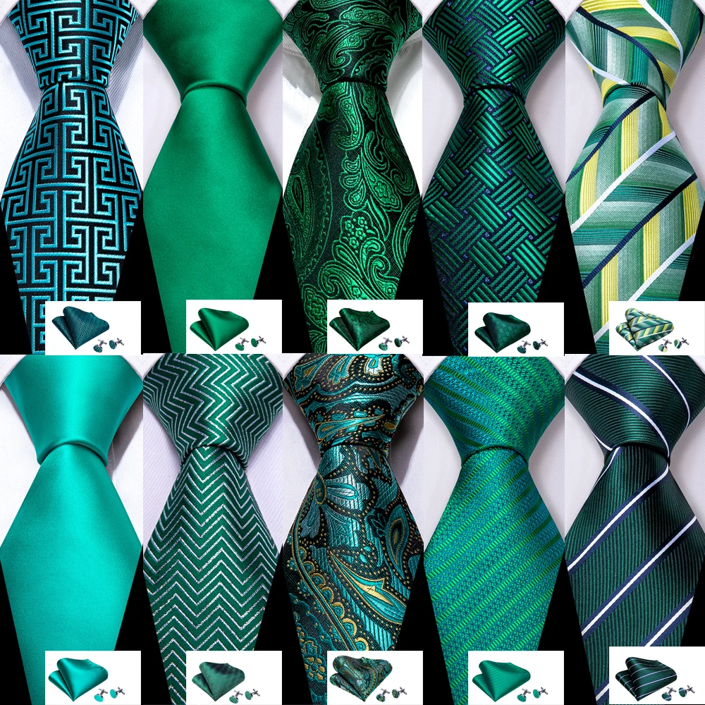 Fashion Silk Men Tie Green Teal Blue Solid Paisley Striped Plaid Floral Animal Necktie Handkerchief Cufflinks Set Barry. Wang