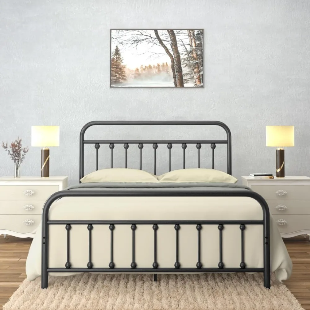 

Vintage Wrought Iron Bed Frame with Classic Metal Platform Base, Headboard and Footboard, No Box Spring Needed, Easy Assembly