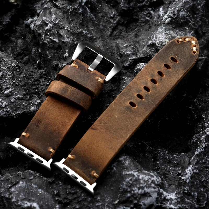 Handmade For Iwatch Black Brown Men\'s Cowhide Leather Watchband For Apple Watch 8/7 Ultra Strap 45 49MM Thicker Men Bracelet