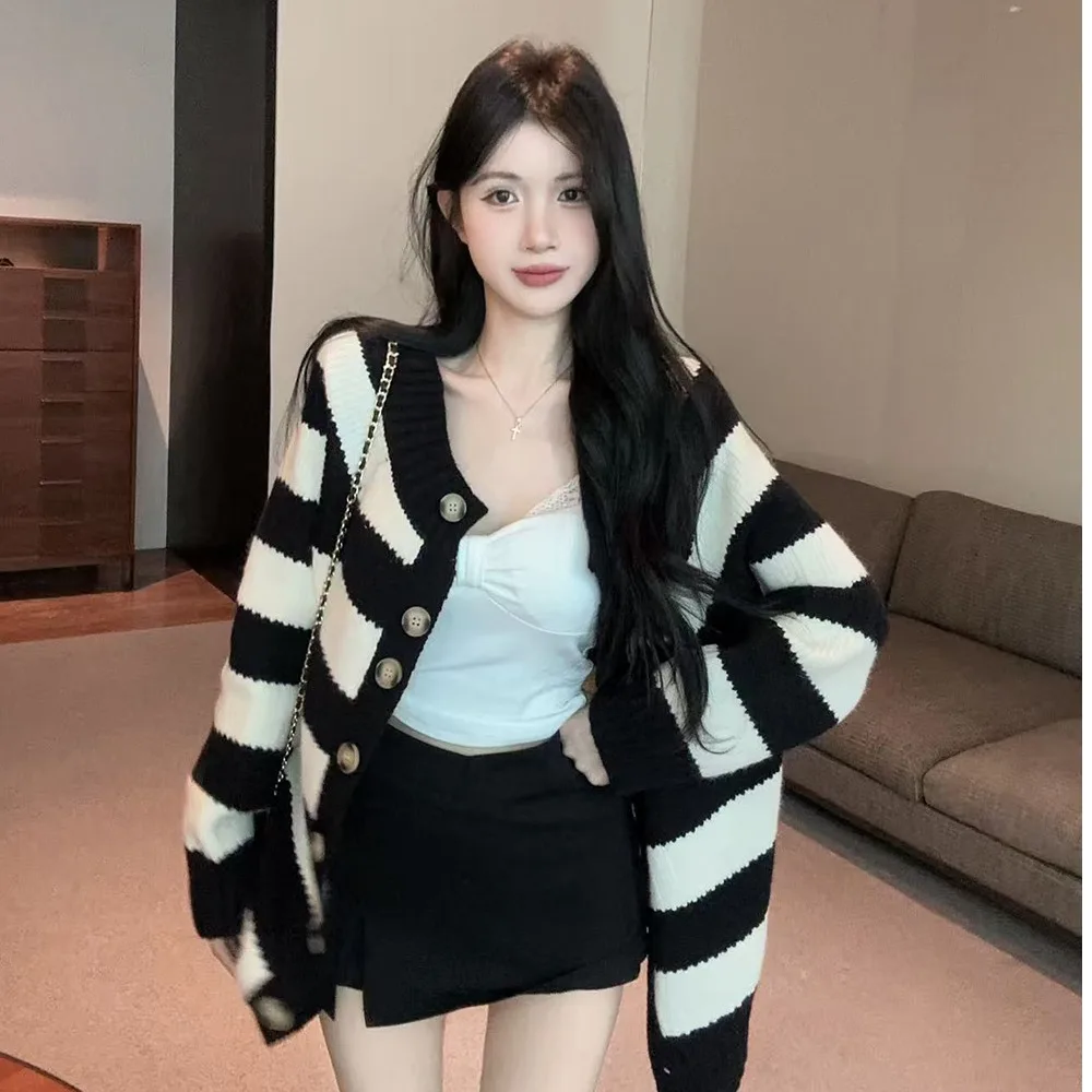 

Осень-зима, свободный вязаный длинный свитер в полоску све, модный корейский двусторонний свитер, повседневная удобная толстовка