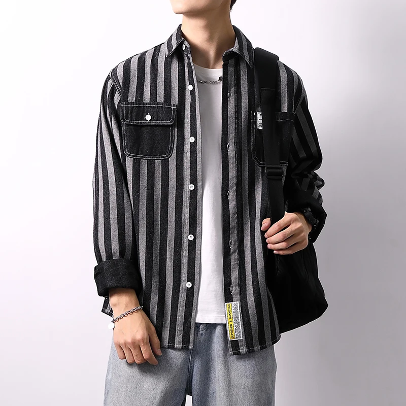 2024 autumn new denim long sleeved shirt men's loose striped shirts for men  streetwear  men clothing  designer clothes men