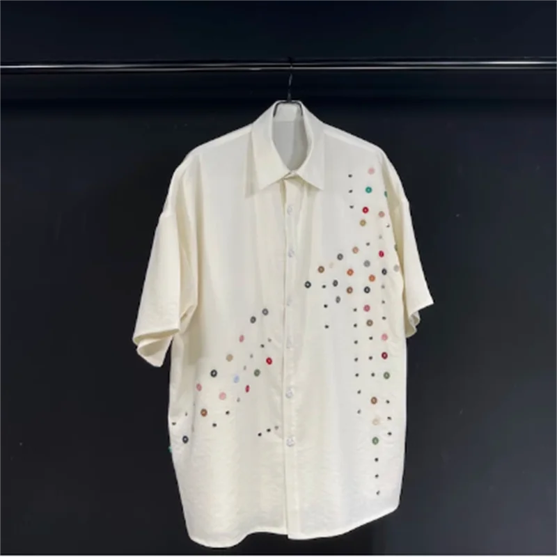 Original design Rice white men's irregular button cargo short sleeve shirt custom summer shirt jacket