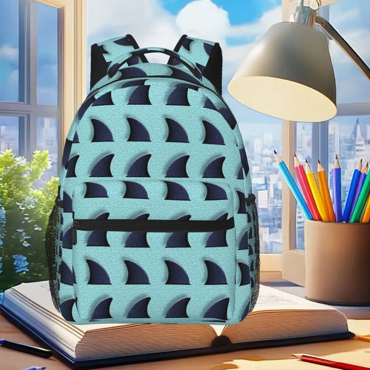 

Shark Fin On Blue Student Backpack School Bag Hiking Travel Daypack for Boys Girls Fashion Bookbag Shoulder Bags