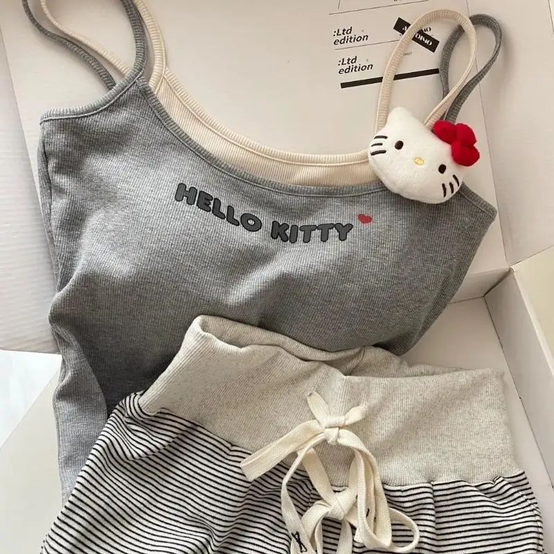 2 pezzi gattino pigiama da donna set pantaloncini cartone animato abbigliamento per la casa fionda Y2K dolce estate fresco pettorale gilet pantaloncini vestiti coreani