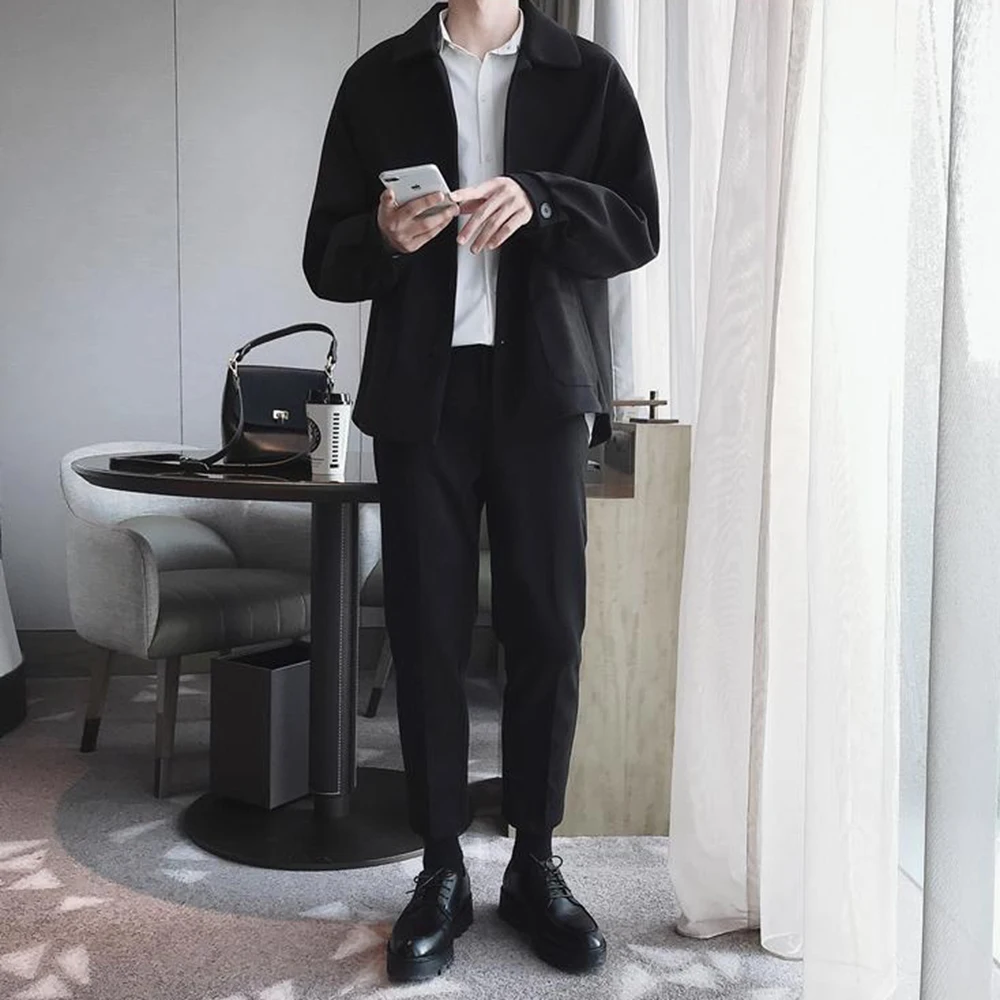 Retro Suit Jacket Mens Windbreaker Korean Style Trendy Casual Loose Suit Jacket Handsome Autumn And Winter Solid Color Coat Men