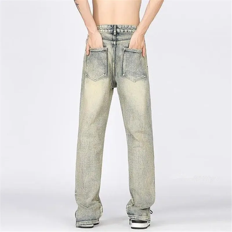 Vintage Jeans Men's Y2K Yellow Mud Straight Leg Pants High Street Button Zipper Loose Trousers Spring Summer Male Clothing YY031