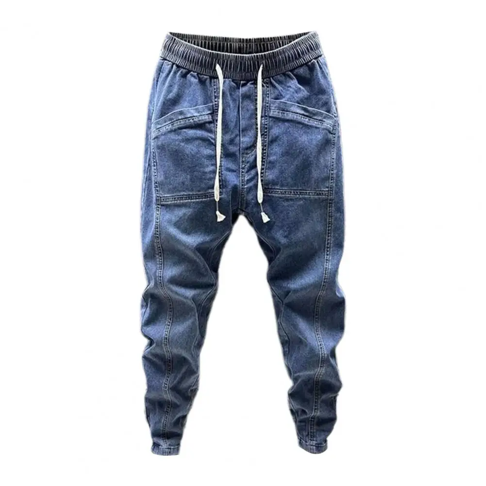 

Men Jeans Elastic Drawstring Waist Men's Denim Pants Casual Cargo Harem Trousers with Pockets Solid Color Spring Autumn Jeans