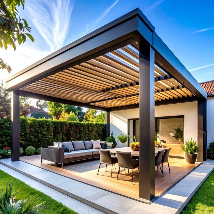 

Elegant Design Aluminum Frame Louvered Pergola with Led Light Option for Sun Shade Rain and Snow Protection Waterproof Gazebo