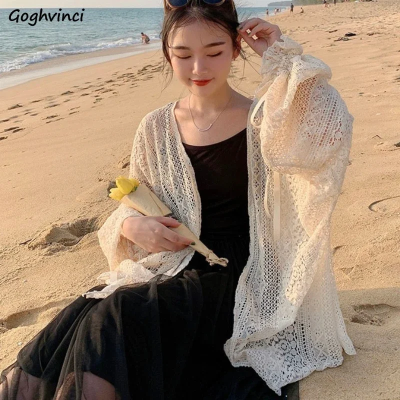 

Cardigan Women Hollow Out All-match Solid Chic Korean Fashion Ins Lace-up Design Sun-proof Streetwear Summer Holiday Leisure