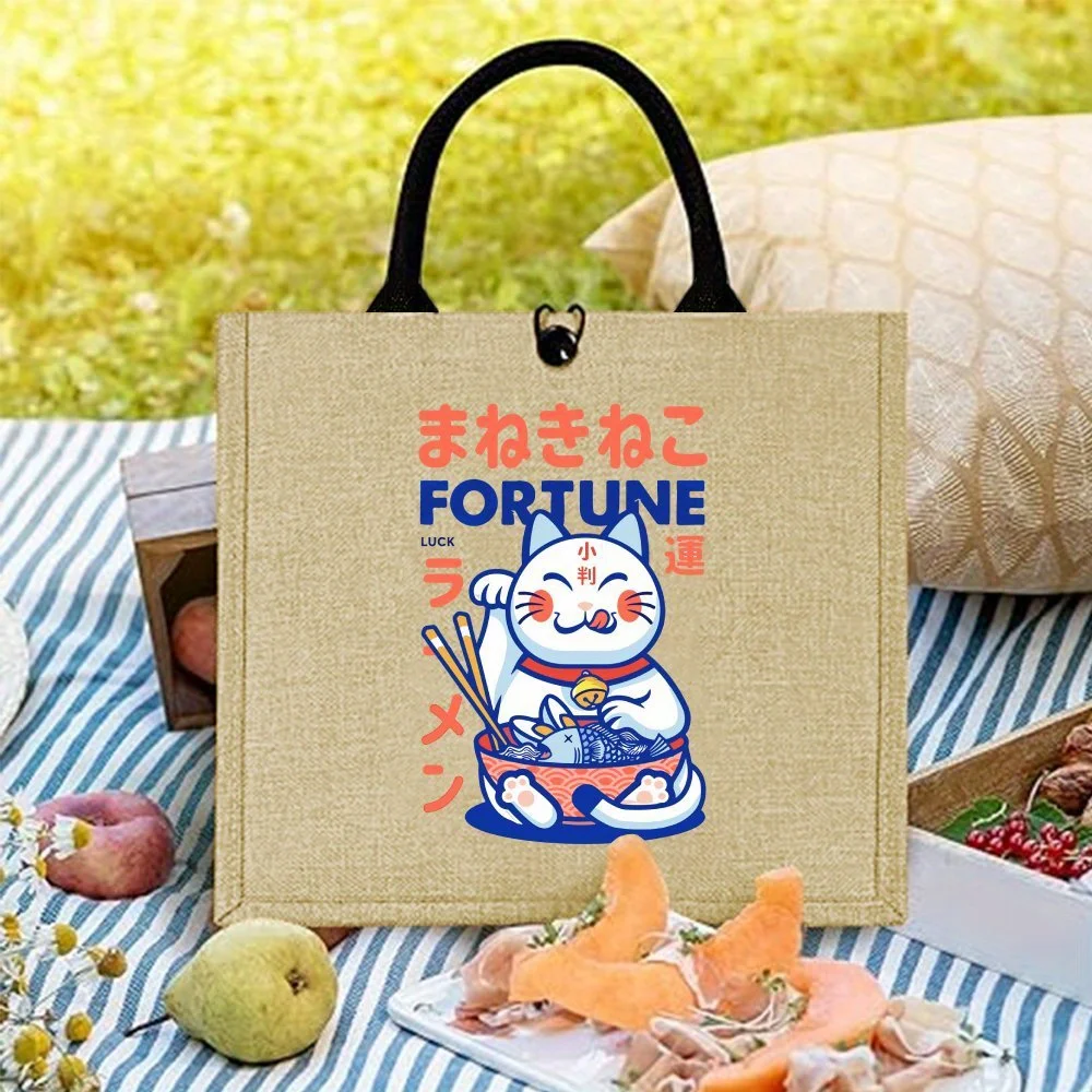 

Aesthetic Japanese Tote Bags Japan Friend Gift Lucky Cat Printed Handbag Capacitysimple Style Durable Jute Bags Outdoor Picnic