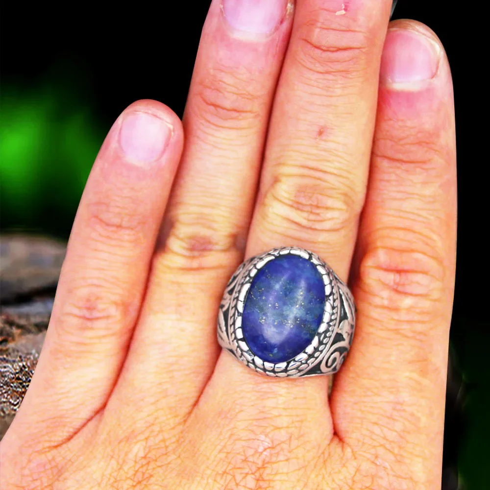 Oval Lapis Lazuli Stainless Steel Rings Natural Stone Leaf Plant Vintage Fashion Jewelry TR730