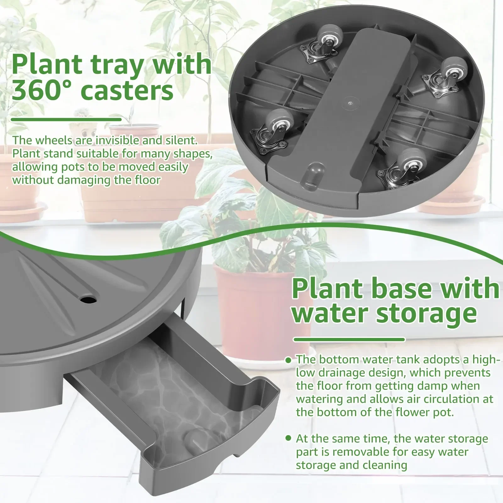 Movable Plant Stand 13 inch Round Rolling Plant Tray Plant Caddy with Hidden Wheels Universal Heavy Duty Flower Pot Rack