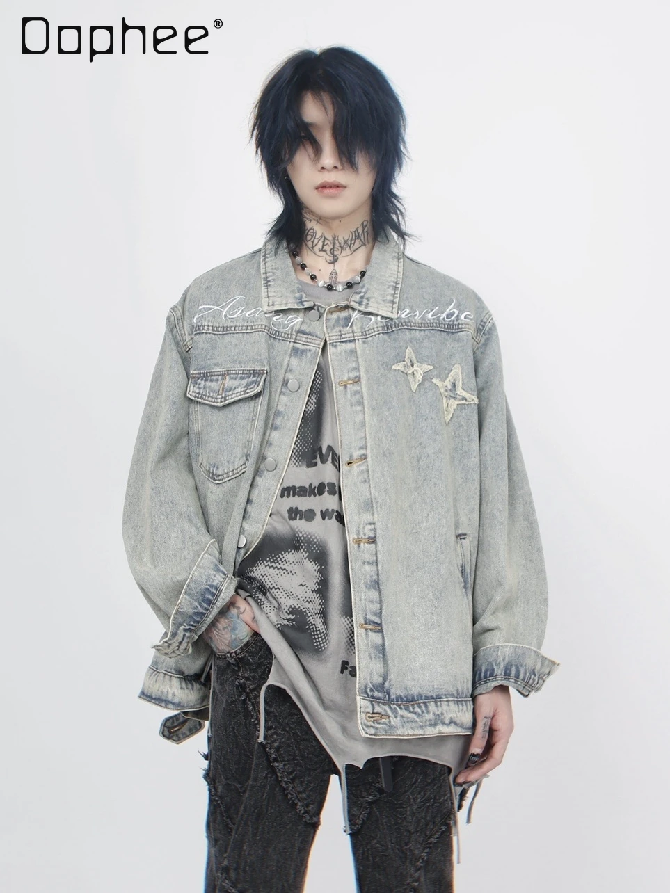 

Spring and Autumn New American Style High Street Men's Embroidered Star Blue Denim Jacket Couple Loose Casual Black Jacket