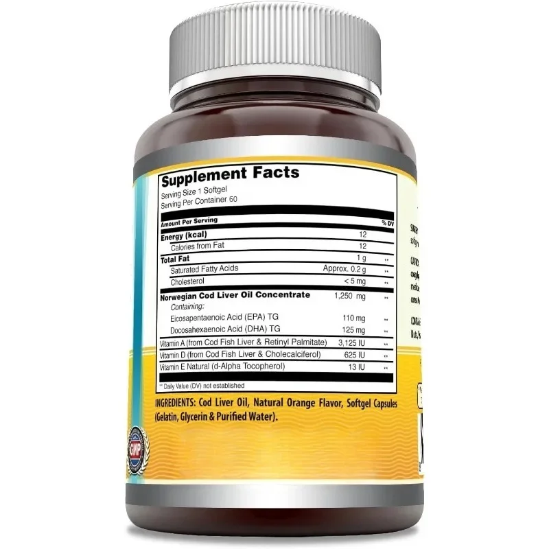 Omega Norwegian Cod Liver Oil 1250mg 60 Capsules Supplement (fresh Orange Flavor)