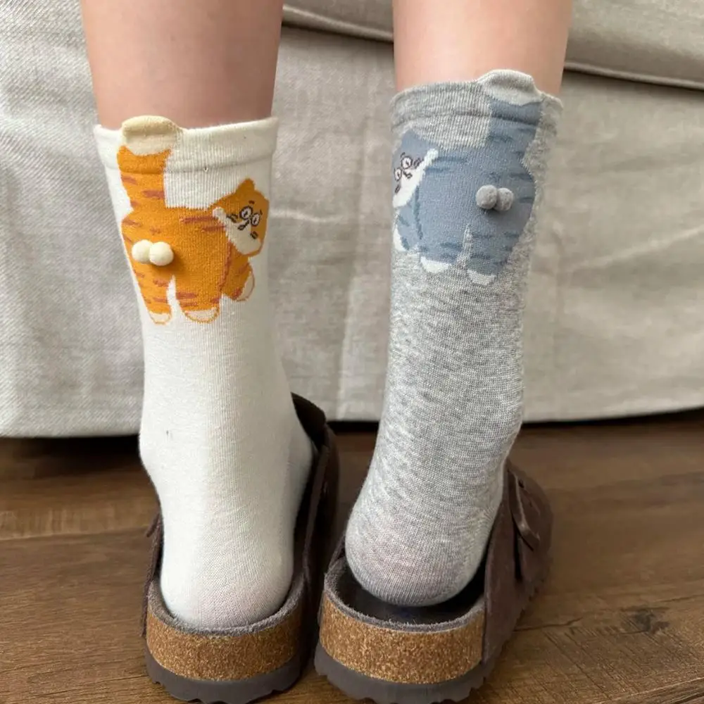 3Pairs Creative Kitten Ball 3D Middle Tube Socks Soft Cotton Knitted Abstract Socks Kawaii Cat Egg Sleep Sock Women Men Hosiery