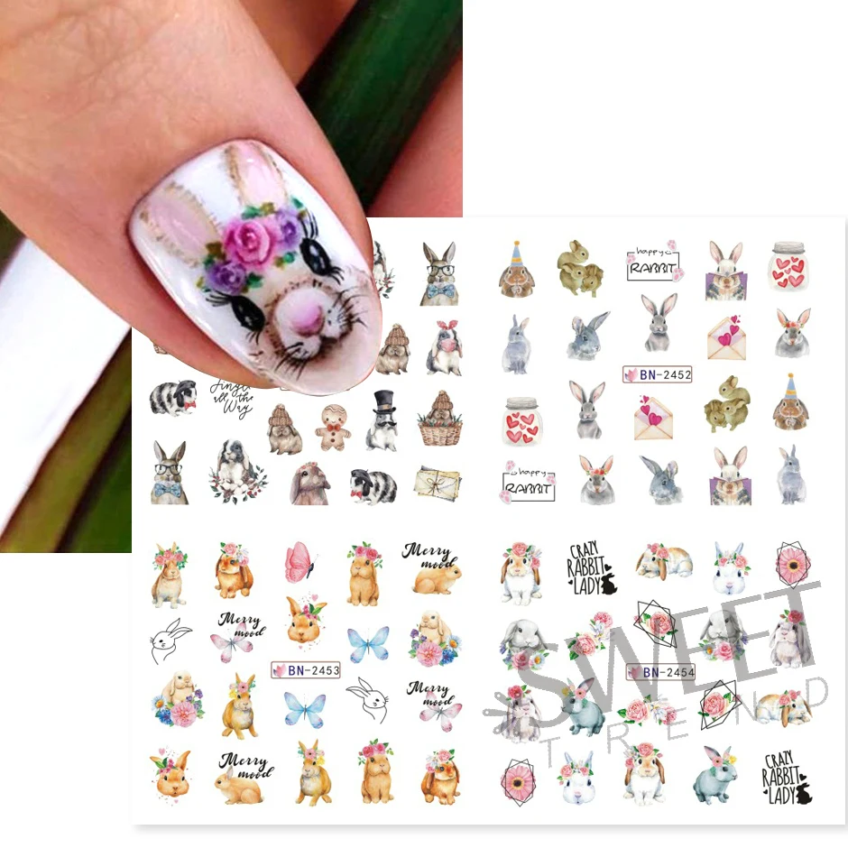 Wisdom Bunny Nail Water Sliders Watercolor Cartoon Design Flower Leaf Spring Decals Foils DIY Accessories Watermark Sticker JIBN