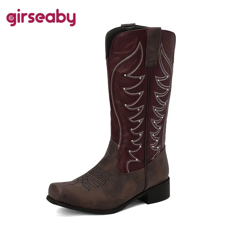 

Girseaby Cowboy Western Women Boots Square Toe Slip On Flock Suede Mixed Color Plus Size 48 49 50 Casual Daily Mid Calf Booties