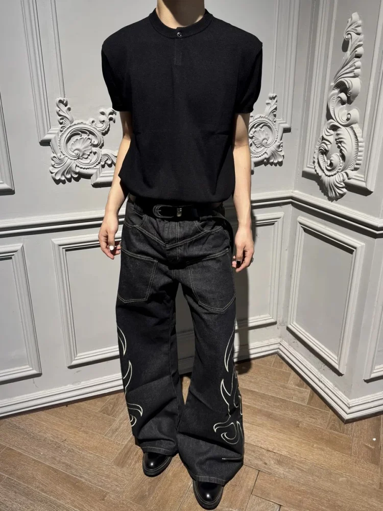 Trendy Men's Wide Leg Jeans Embroidered Snake Skin Pattern Casual Commute Wear Comfortable Stretch Denim Torn to the Bone