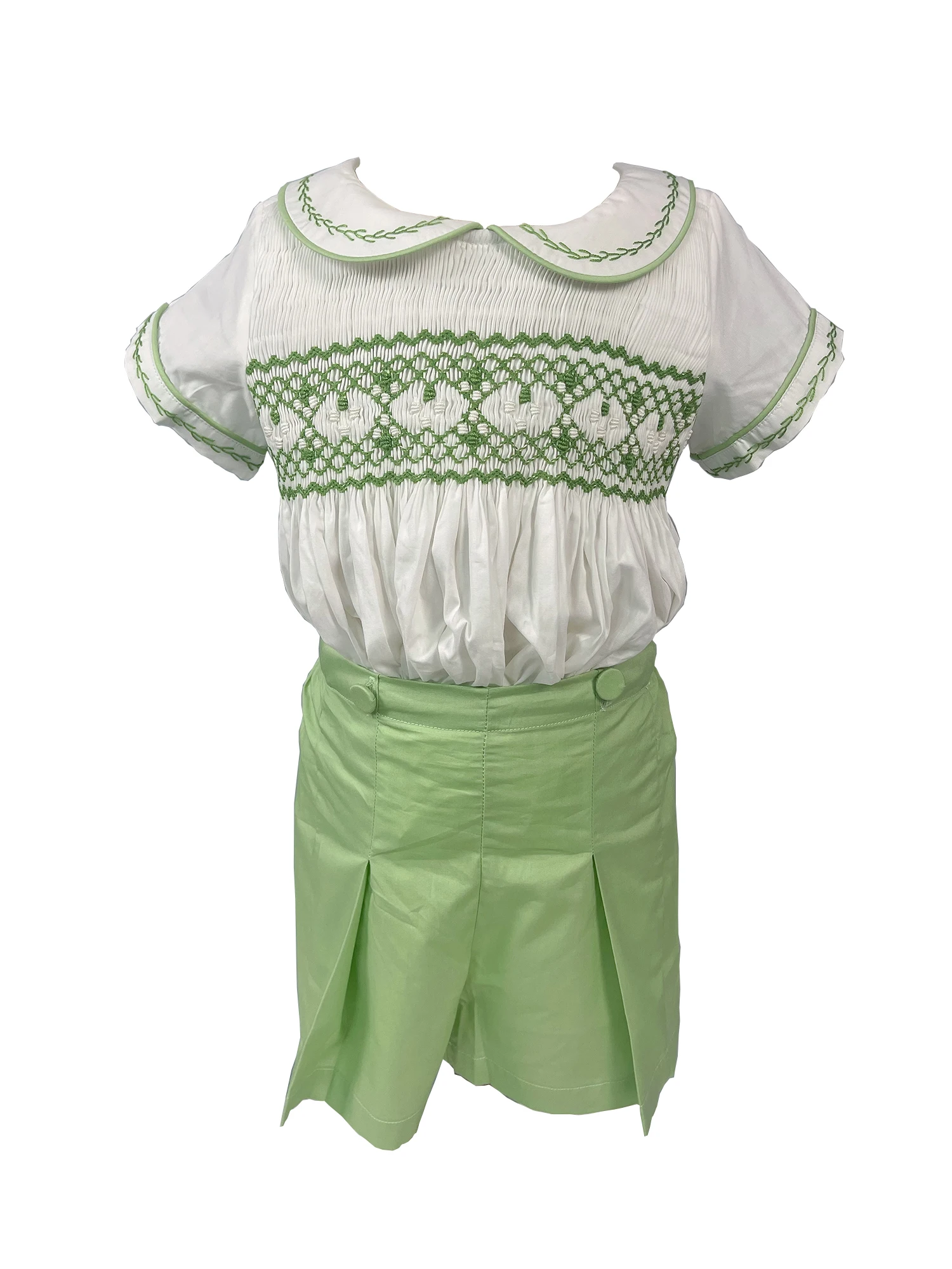 Summer Heavy Handmade Smocking Dress Bubble 2Pcs Set Green Cotton Embroidery Brothers Sisters Banquet Party Performance Clothing