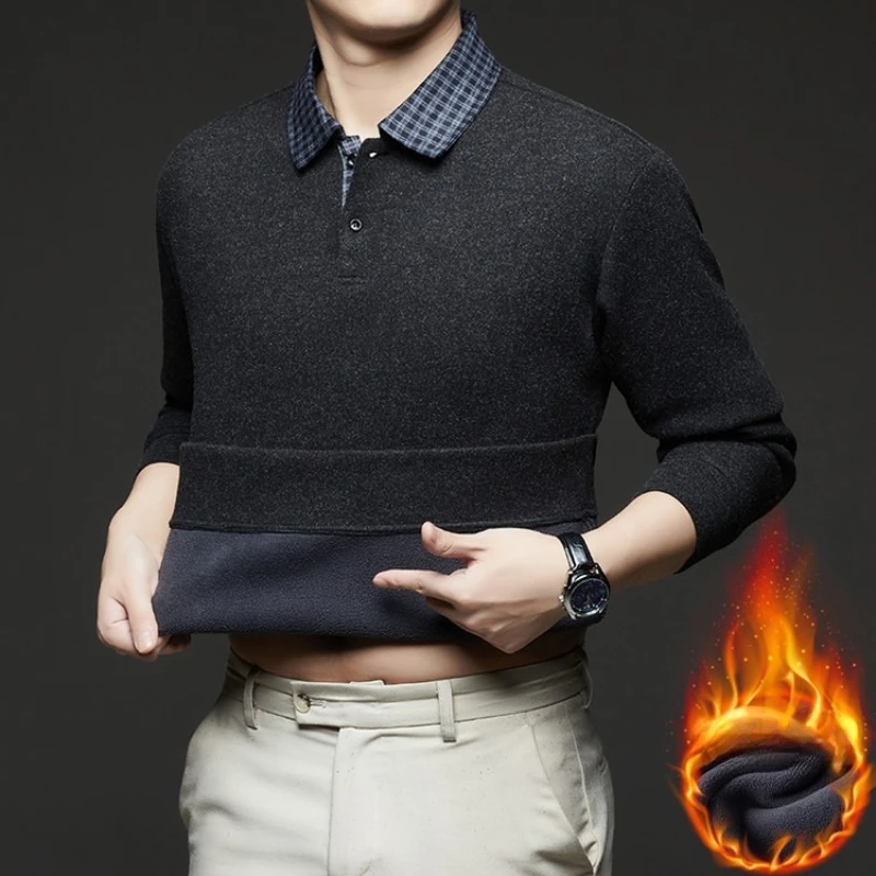 سترة منسوجة من طبقتين للرجال قميص بولو مزيج من الصوف، مبطن بالصوف سميك، ياقة منقوشة شتاء دافئ، أحمر أسود كحلي #2