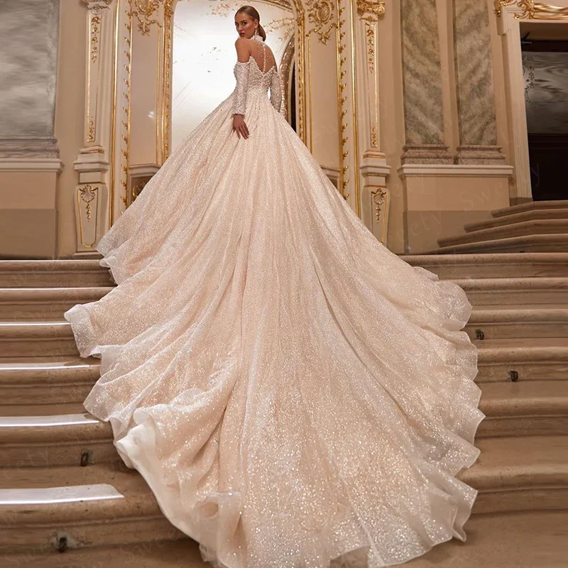 Glitzerndes Hochzeitskleid, bestickte Spitze mit Perlen, Ballkleid, Perlen, Stehkragen, volle Ärmel, Kirchenhochzeit, maßgeschneidert, Vestido De Novia