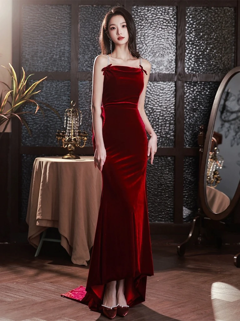 Velvet Burgundy Celebrity Dresses Mermaid Spaghetti Strap Detachable Bow Rhinestone Chain Party Performance Evening Prom Gowns