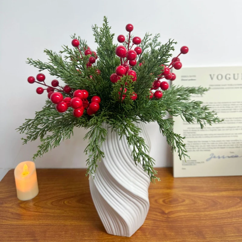 

DIY Christmas Artificial Pine Branches with Red Berry Xmas Pine Needle Home Dining Table Flower Arrangement Decoration Ornament