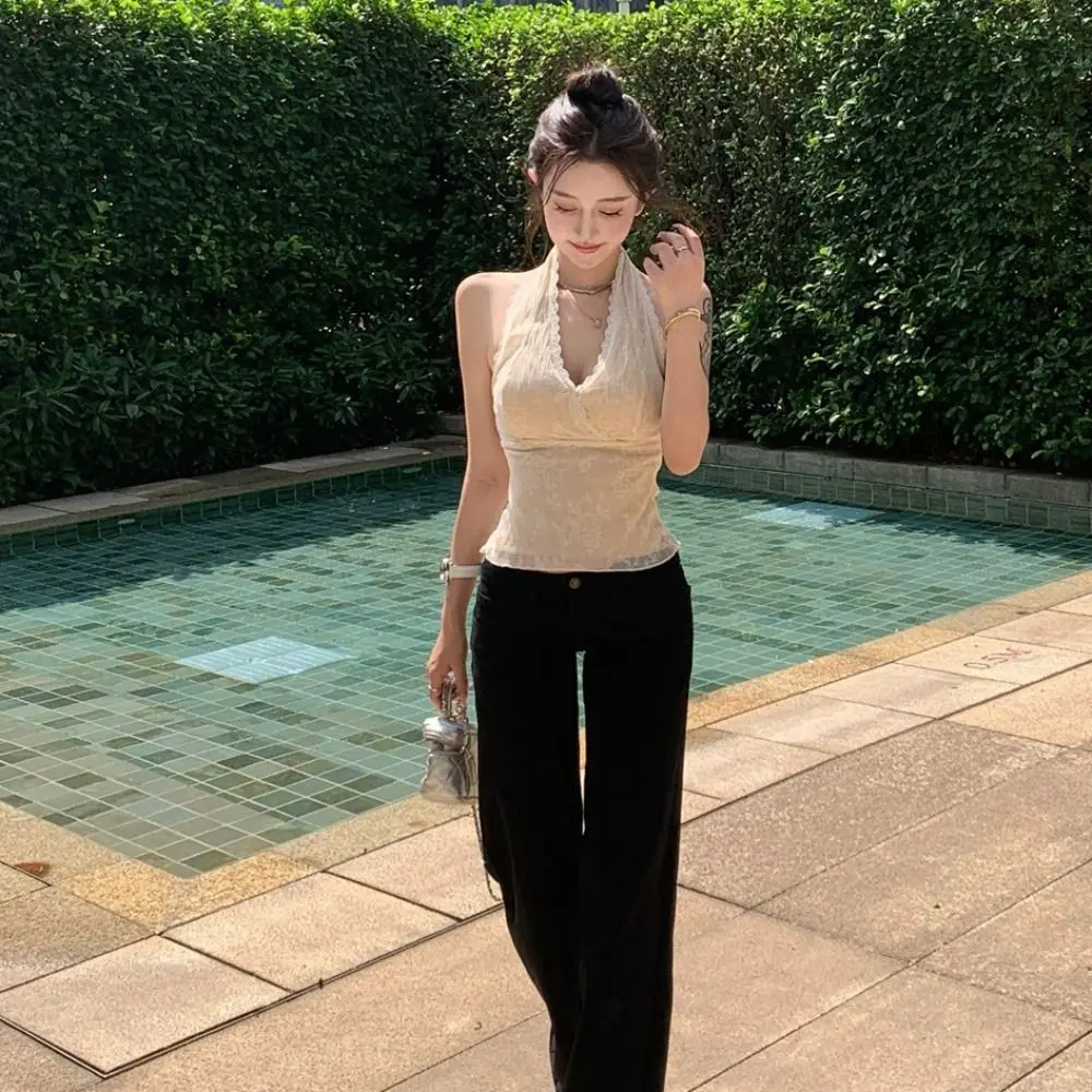 

Polyester Halter Lace Tank Tops Sleeveless Camisole V Neck Backless Shirts Hanging Neck Style Slim Vests Elegant Lace Lace Top