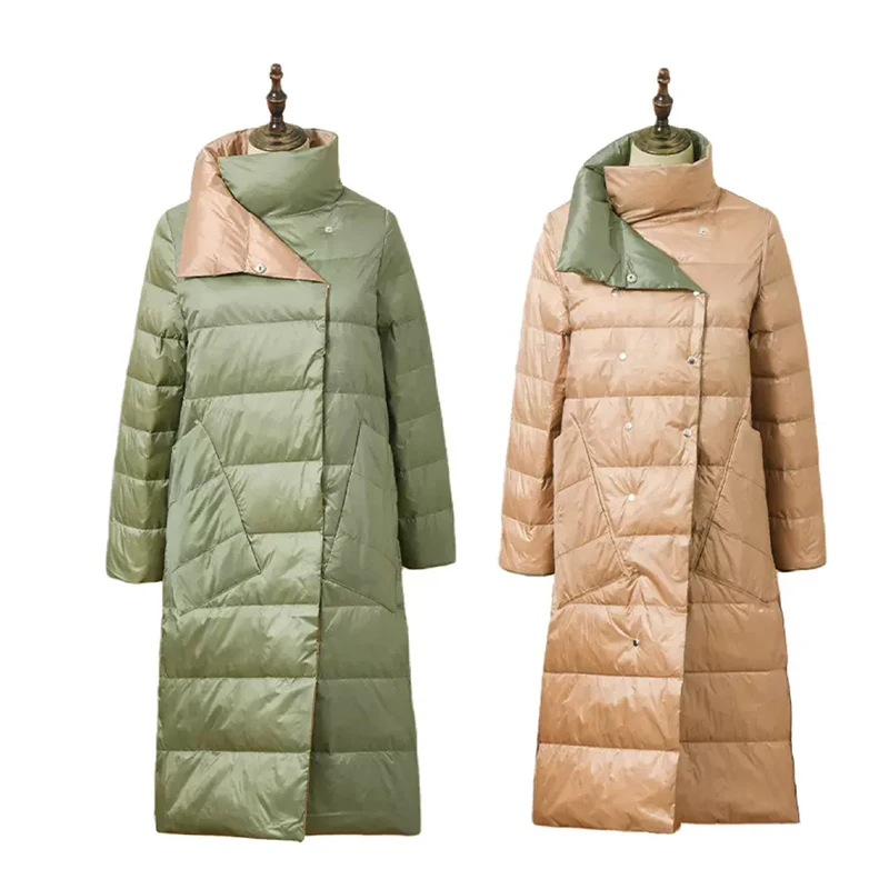 Abrigo de plumón de pato de doble cara para mujer, Chaqueta larga cálida con cuello levantado, de doble botonadura Parka, ropa de exterior, Abrigo