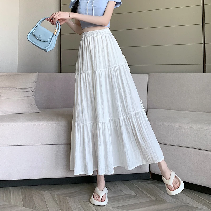 

New White for Women Spring Summer Draped Long Dress with Bowknot Cake Midi Skirt