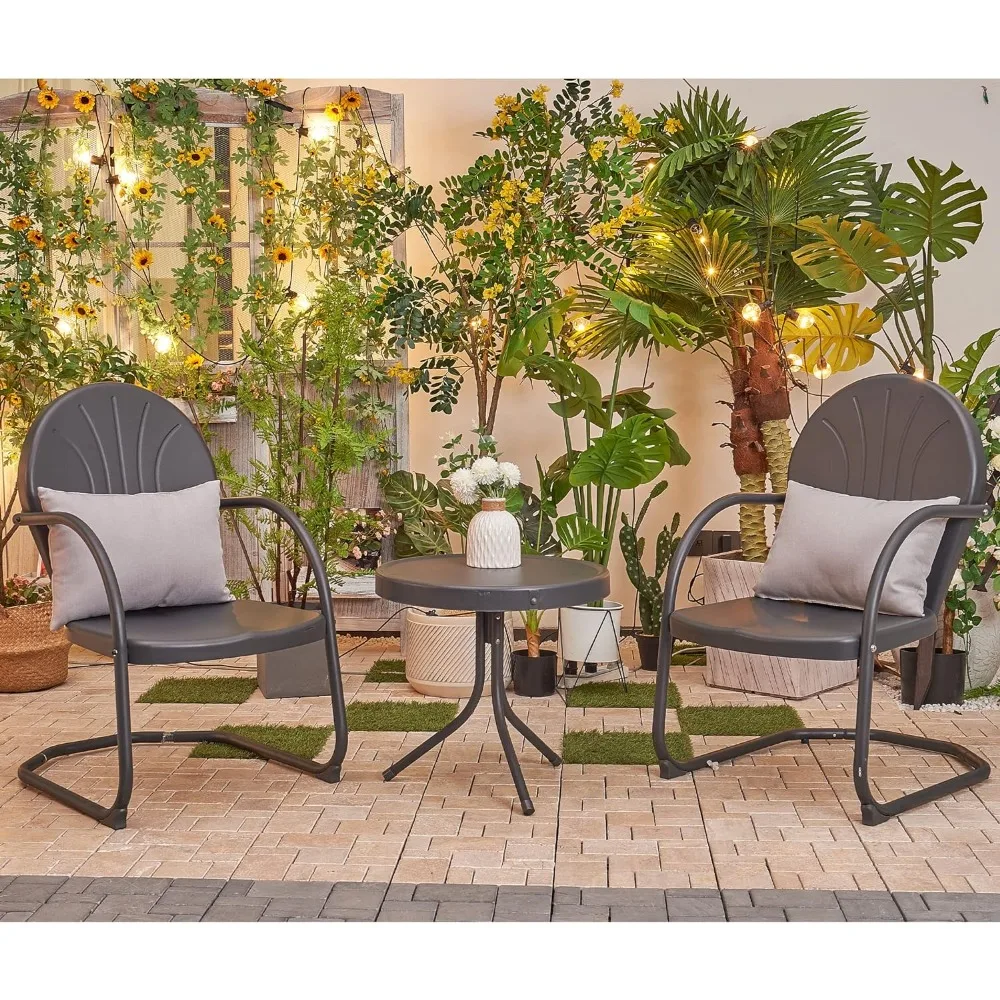 3 Piece Patio Bistro Set Outdoor Table Sets with C-Spring Metal Chairs and Round Side Coffee Table Grey