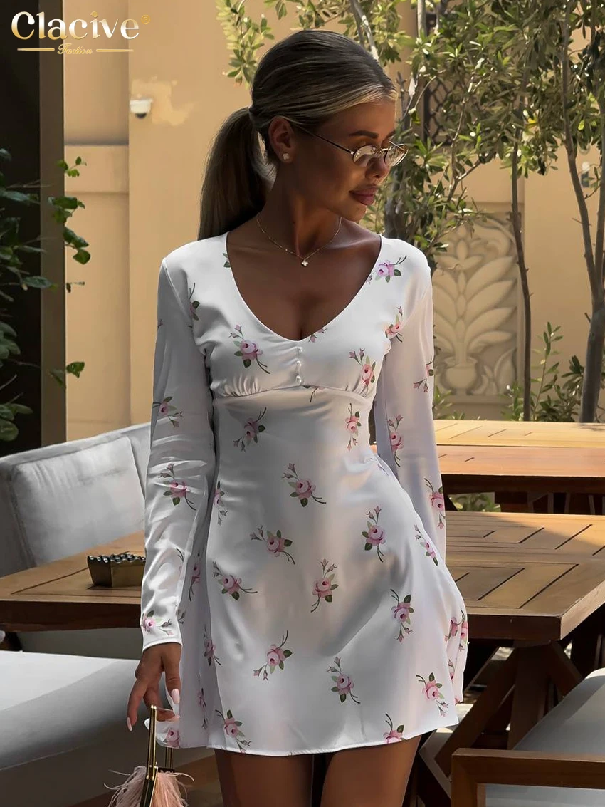 

Clacive Sexy Slim Print Women's Dress 2025 Bodycon V-Neck Long Sleeve Mini Dresses Elegant Classic Female Dress Streetwear