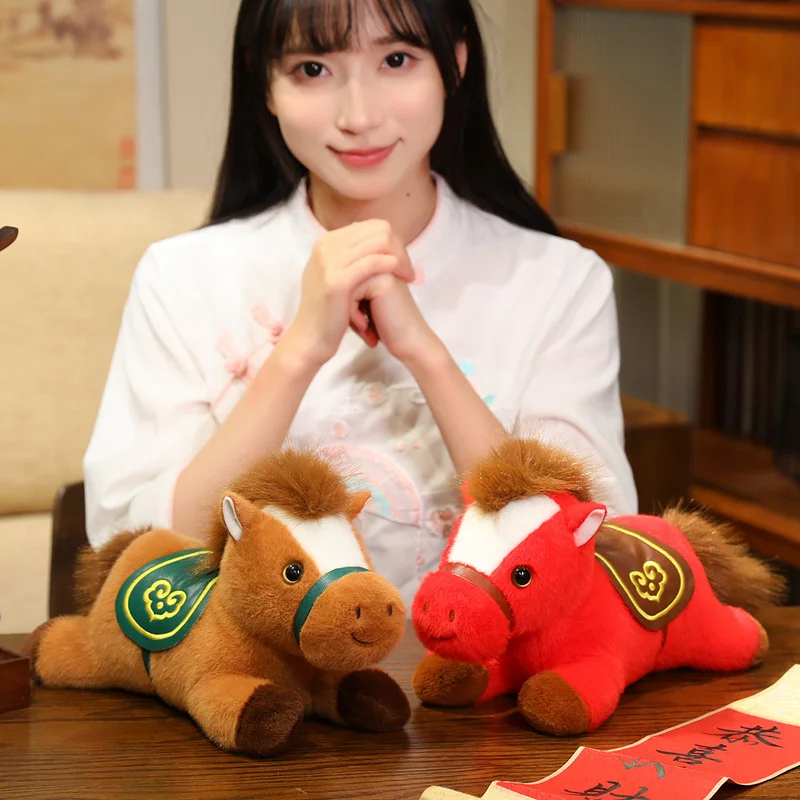 New 2026 Prone Pony Plush Animals Dolls Red Brown Horse Toys Baby Sleeping Pillow Baby Friends Birthday New Year Gifts for Baby