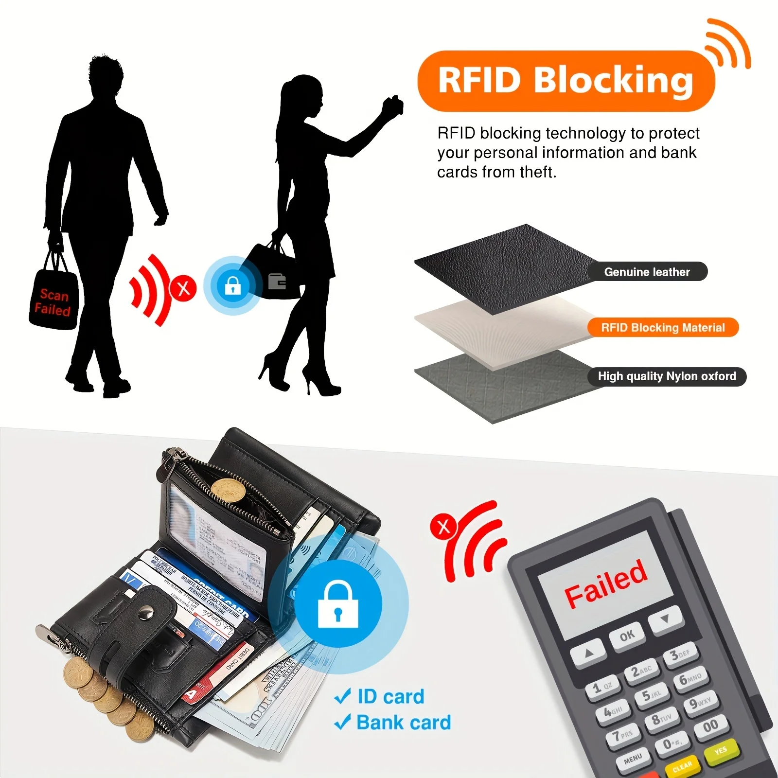 1pc Premium Top Layer Cowhide Leather Wallet - RFID Blocking, Bifold with Double Zipper Pockets & Anti-Theft Chain - Durable, St