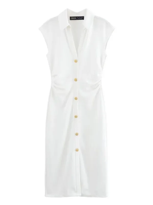 2025 Spring Summer New Women's Elegant Fashion Bead Cloth Shirt-style Short-sleeved V-neck Slim-fit Dress Long Skirt MX4A