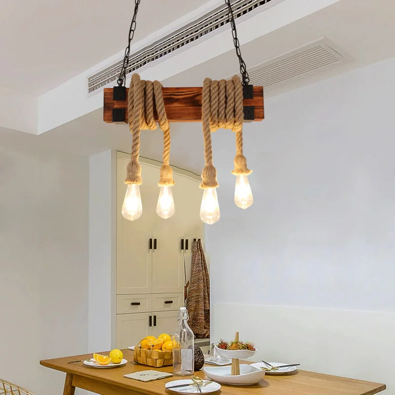 

Hemp Rope Pendant Lamp Adjustable Retro Industrial Wood Chandelier Dining Room Lighting Fixture Bar Cafe Bar E27 Hanging Lamp