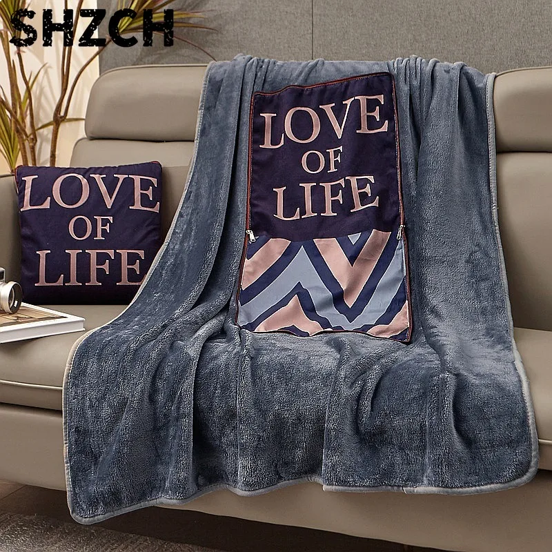 Dual-Use Flannel Square Pillow Soft Grey Blanket Thick Coral Fleece Nap Quilt Car Cushion