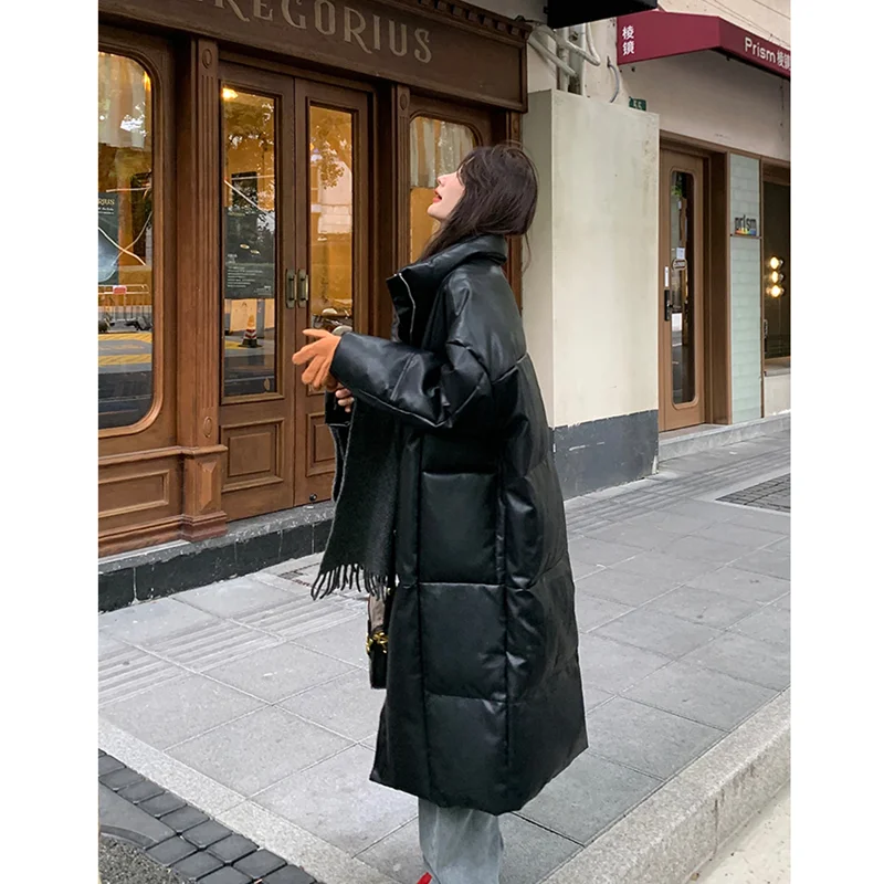 Black Down Jacket Women PU Leather Coat Keep Thickening Warm Fashion Streetwear Duck Down Feather Female Y2K Winter Long Outwear