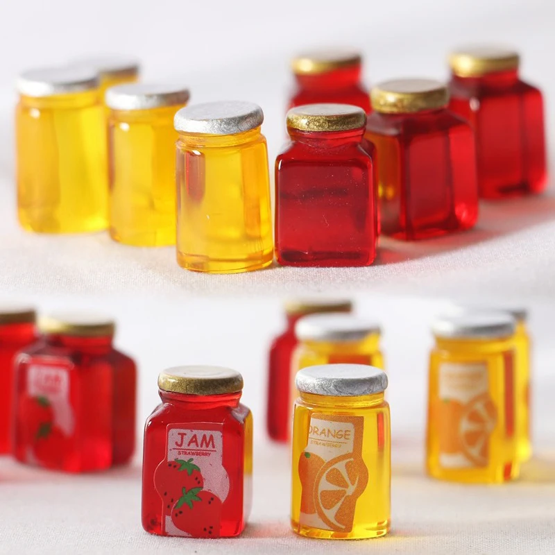 10pcs Simulation Strawberry Jam Resin Bottle Model House Decoration Dollhouse Miniature Garden Decoration Gift for Children Kids